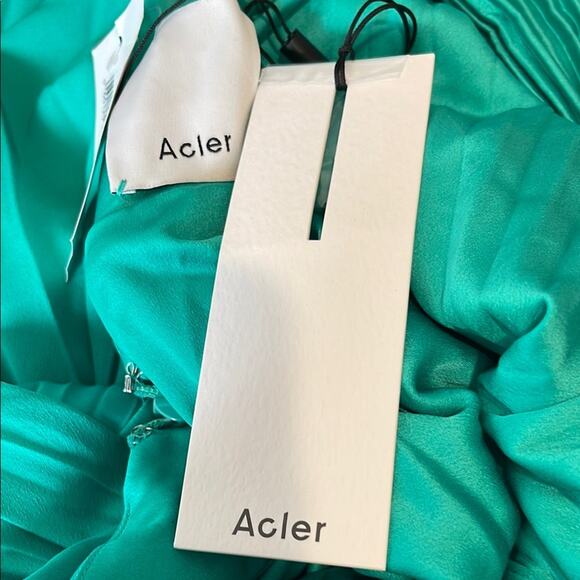 Acler Palms Pleated Long Sleeve Asymmetric Satin Green Midi Dress Sz 6 - Picture 9 of 11